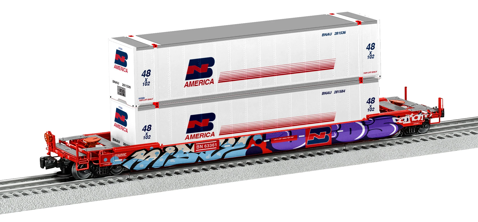 Lionel 2226572 O Scale Husky Stack Well Car With Graffiti Burlington Northern BN 63361 2 Lionel 2226572 O Scale Husky Stack Well Car With Graffiti Burlington Northern BN 63361 - Image 2