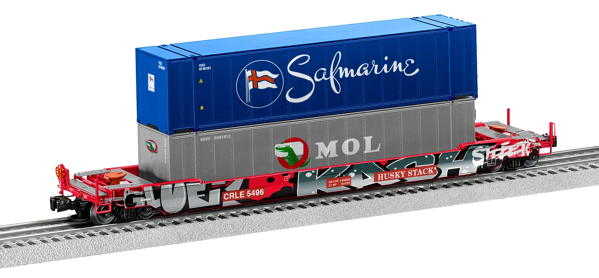 Lionel 2226582 O Scale Husky Stack Well Car With Graffiti Coe Rail CRLE 5496 1 Lionel 2226582 O Scale Husky Stack Well Car With Graffiti Coe Rail CRLE 5496